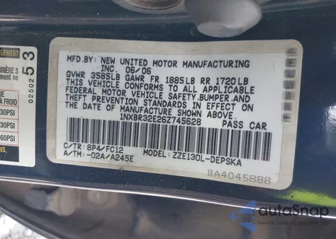 2006 Toyota Corolla S z USA, uszkodzony, nr VIN 1NXBR32E26Z745628